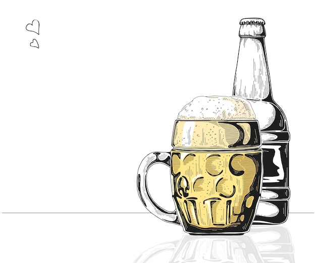 ビールのボトル。ビールとグラス。スケッチスタイルのイラスト。