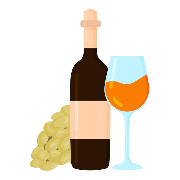 벡터 오렌지 와인 한 병과 흰색 배경에 격리된 와인 한 잔. 포장 디자인 아이콘