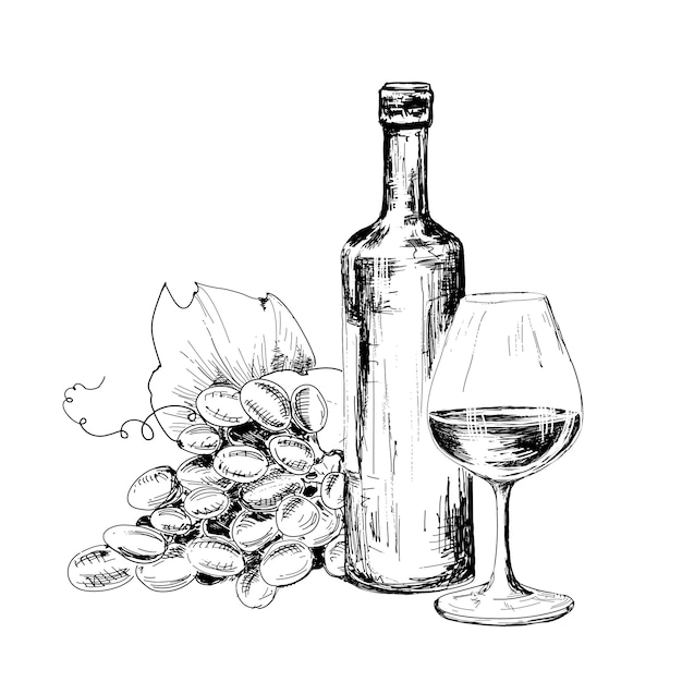 Вектор Бутылка вина, бокал и виноград