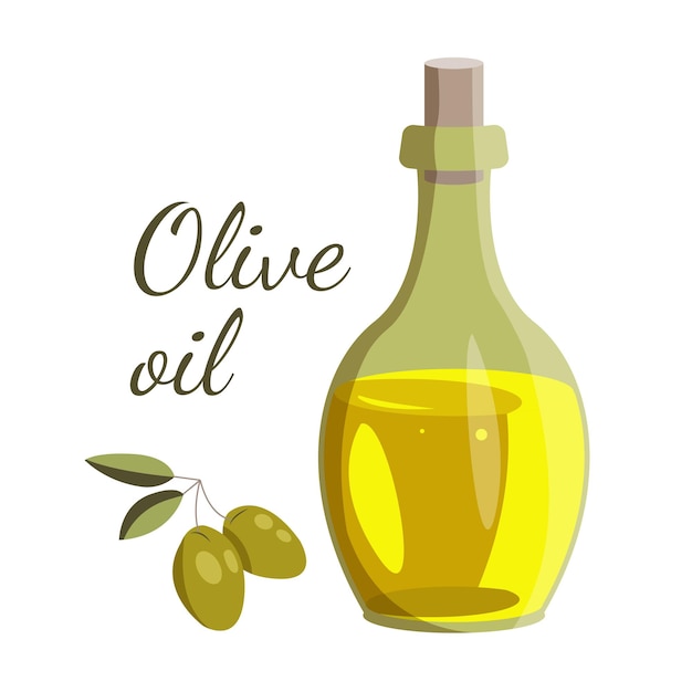 Bottle of olive oil and branch vector flat