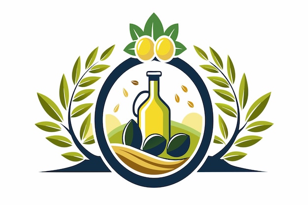 Vettore a bottle of olive oil is surrounded by leaves and a circle