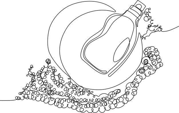A bottle of olive oil and pearl beads are on a white background