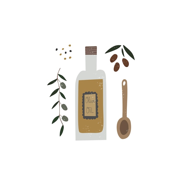 A bottle of olive oil with a wooden spoon and olive branches