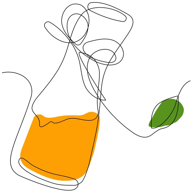 A bottle of orange juice with a green leaf on the top.