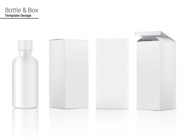Разлейте реалистическую косметику по бутылкам и коробку для продукта или медицины Skincare на белой иллюстрации предпосылки. Здравоохранение и медицинская концепция дизайна.