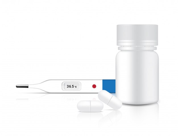 Medicina realistica delle pillole della bottiglia su fondo bianco con l'imballaggio e il termometro digitale per controllo di febbre. illustrazione di progettazione dello strumento dell'ospedale. compresse mediche e concetto di salute.