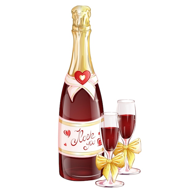 Vector a bottle of red champagne with two glasses decorated with golden bows.