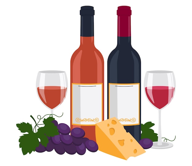 Bottle of red wine and a bottle of orange wine wine in glasses cheese and grape Vector graphic