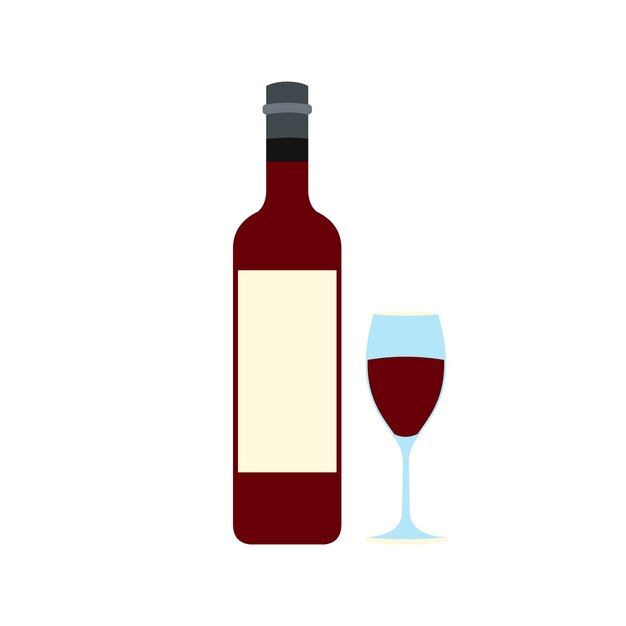 Vector bottle red wine and glass flat icon with shadow on the background