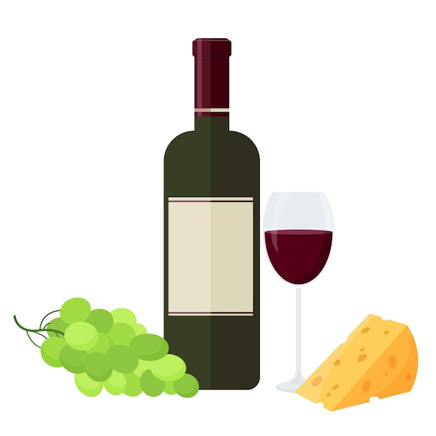 Vector bottle of red wine, a glass, grapes and cheese. vector illustration isolated on a white background.