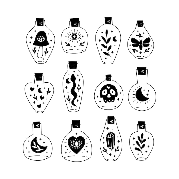 Vector bottle silhouette with magic elixir or poison collection. mystic jar vector illustration. esoteric alchemy element. witch brew with moon, stars, skull, mushroom, snake, crystal. witchcraft symbol.