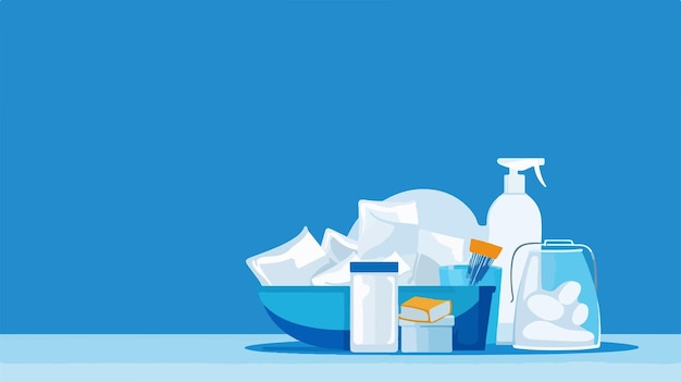 a bottle of soap sits next to a pile of toiletries