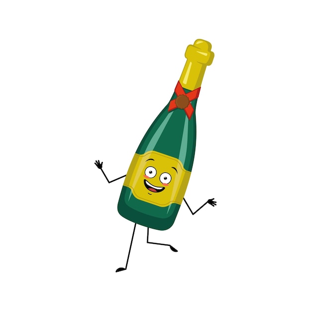 Bottle of sparkling wine character with happy emotions face smile eyes hands and legs alcohol man wi...