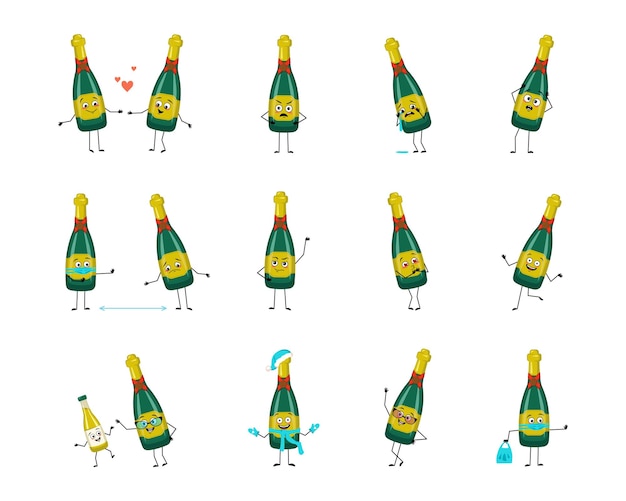 Bottle of sparkling wine character with happy or sad emotions, panic, loving or brave face, hands and legs. Alcohol man with mask, glasses or hat. Vector flat illustration