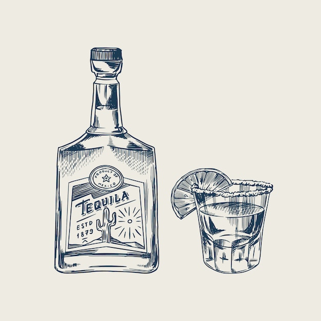 Vector bottle of tequila glass shot with lime and label for retro poster or banner. engraved hand drawn vintage sketch. woodcut style.  illustration.