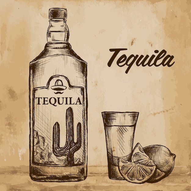 Bottle of tequila with lime and glass. painted by hand