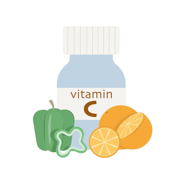 Бутылка добавки витамина С с апельсинами и болгарским перцем плоский дизайн вектор