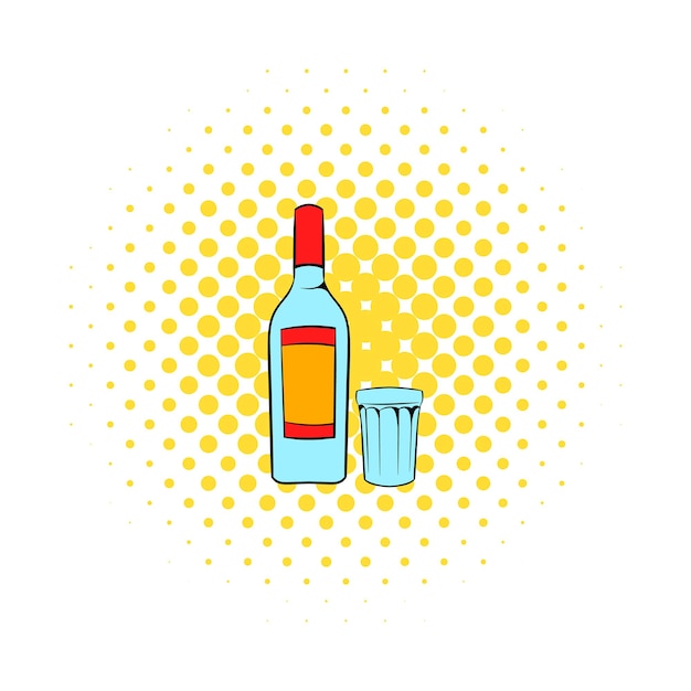 Vector bottle of vodka and glass icon in comics style on a white background