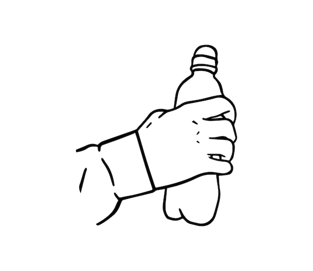 Bottle of water drink in hand doodle linear cartoon coloring