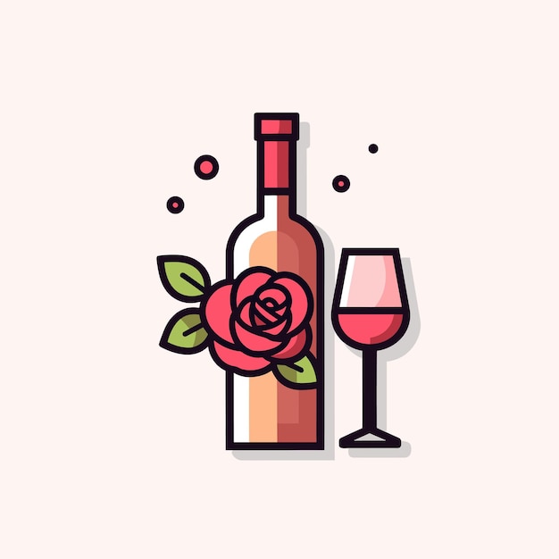 Vettore una bottiglia di vino e una bottiglia di vino con una rosa e un bicchiere di vino.