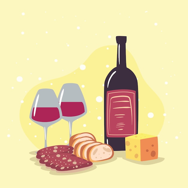 Bottle of wine and cups of red wine with salami cheese