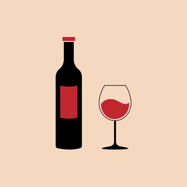 A bottle of wine and a glass on a beige background Alcohol