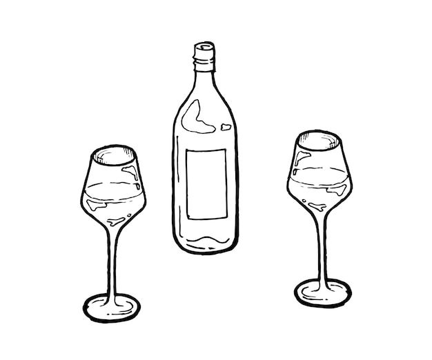 bottle of wine and glasses, black and white graphics in the style of a sketch