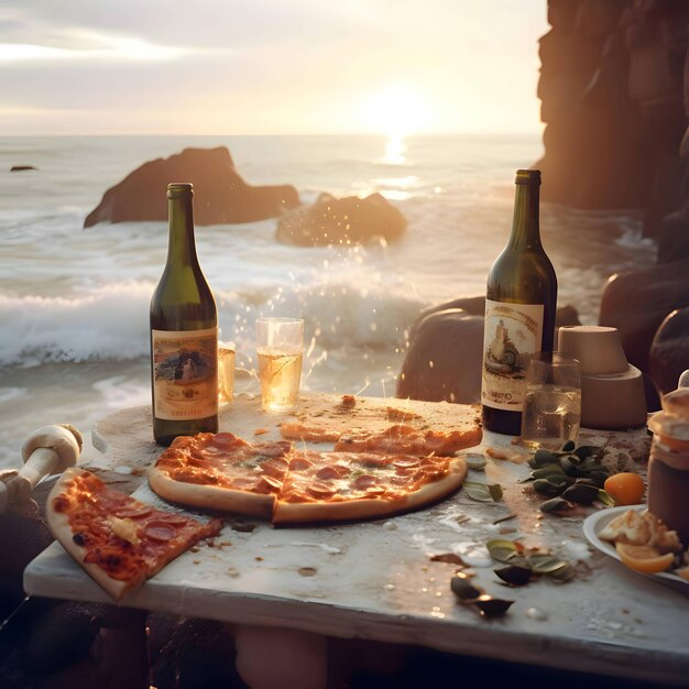 Vector a bottle of wine and a pizza on a wooden table against the sea