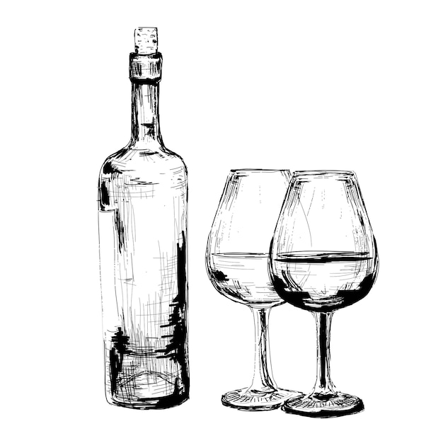 Vector bottle of wine and two glasses