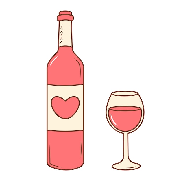 Bottiglia di vino con un cuore e un bicchiere di vino rosso icona del doodle a colori