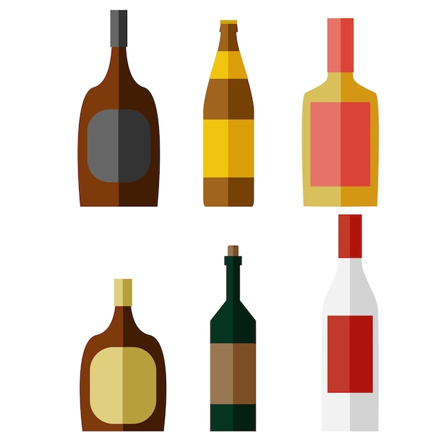 Bottle with alcohol. Set of flat icons