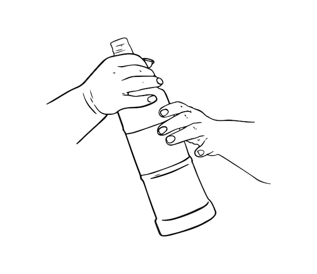 Bottle with an alcoholic drink in hands doodle linear cartoon coloring