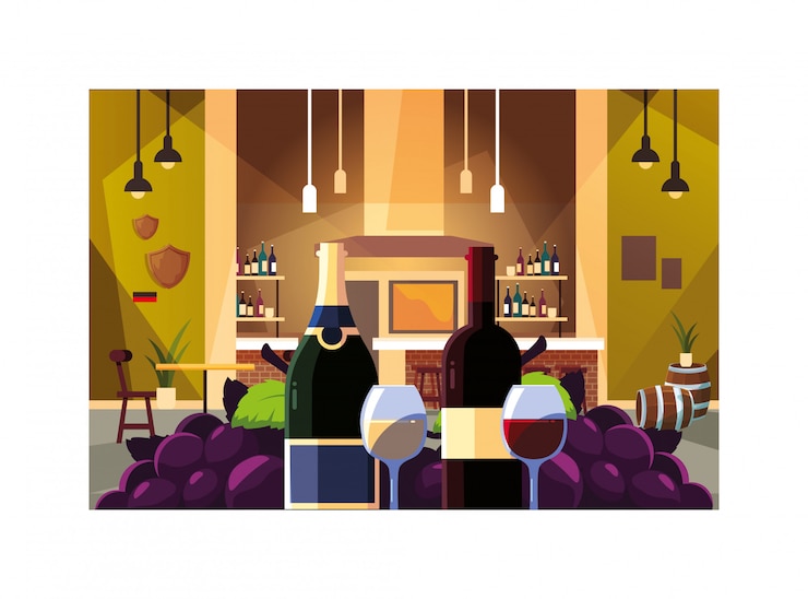 Vector bottle with glass of wine and grapes, wine day