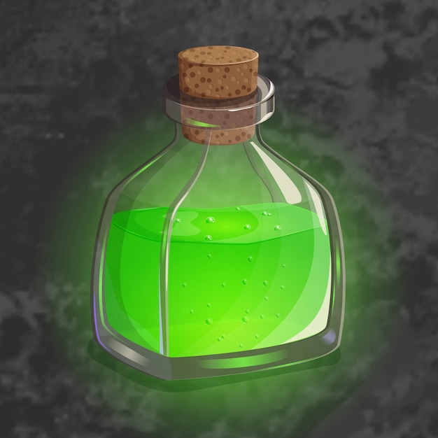 Vector bottle with green potion. game icon of magic elixir.