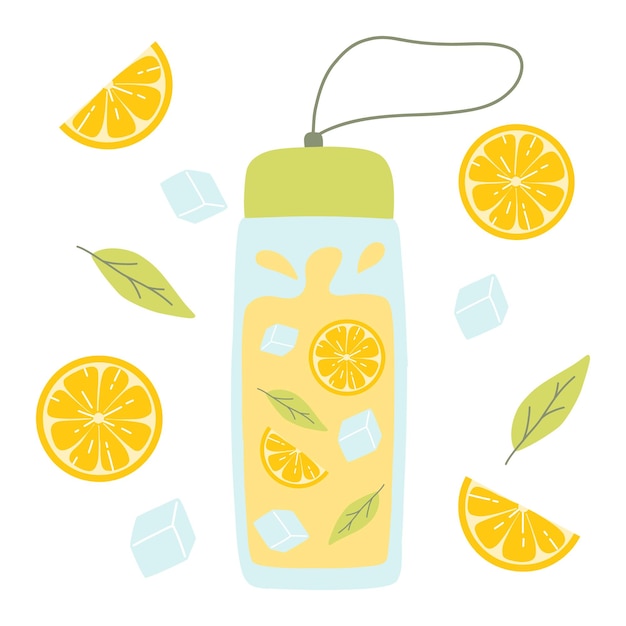 Bottle with lemonade Cool lemonade with pieces of lemon mint and ice Vector illustration isolated on white background Flat style