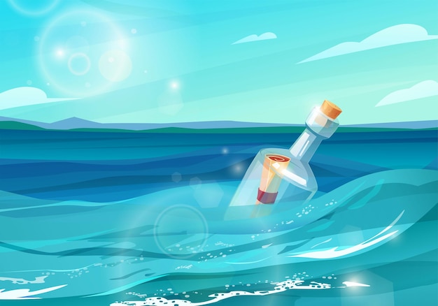Бутылка с бумажным сообщением, плавающая в морском символе пиратов