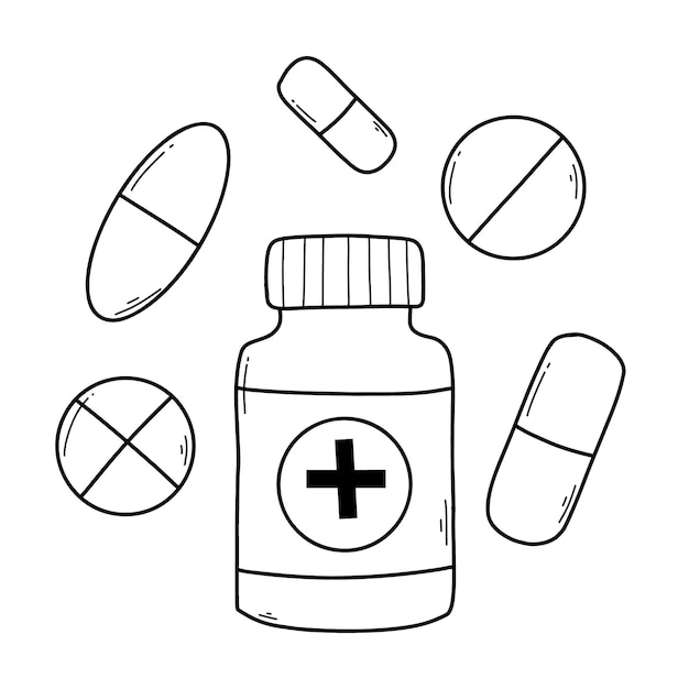 Bottle with pills Medicine in doodle style Vector illustration Linear style