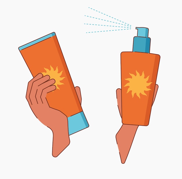 Bottle with sunscreen in hand Bright summer 2d illustration