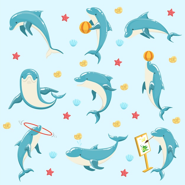 Bottlenose Dolphin Performing Tricks Set of Illustrations