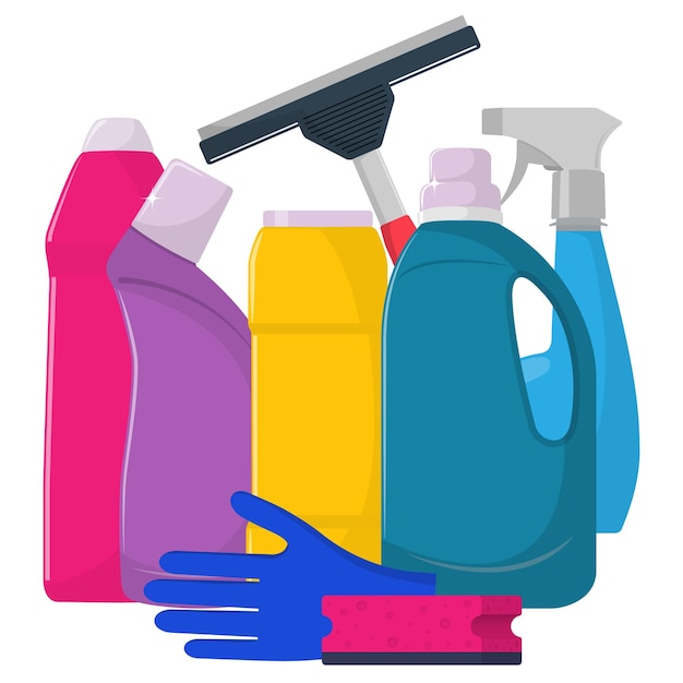 Vector the bottles of detergent washing powder detergent powder bottle of spray cleaning sponge cleaning