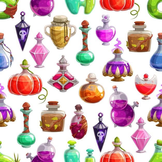 Bottles of Halloween potion seamless pattern