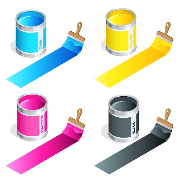 Bottles of ink in cmyk colors and paint brush on white isolated background. Flat 3d vector isometric illustration.