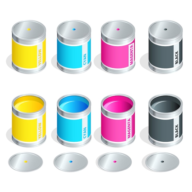Bottles of ink in cmyk colors on white isolated background. Flat 3d vector isometric illustration.