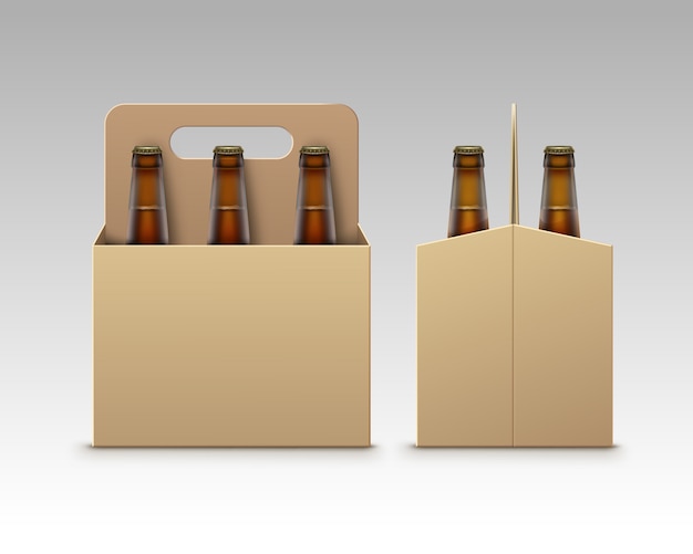 Vector bottles of light dark beer with packaging isolated