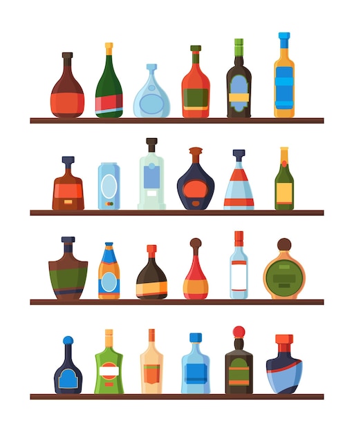 棚のボトル アルコール飲料 ウォッカ リキュール ラム酒 ワイン テキーラ レストランまたはバー ガラス瓶の液体製品 フラットスタイルの派手なベクトルコレクション