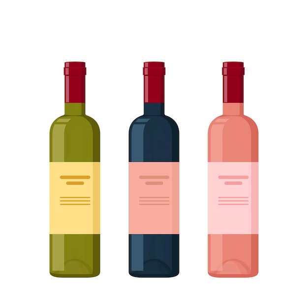 Bottles of Red White and Rose wine Wine bottle Collection bar Flat Vector Illustration