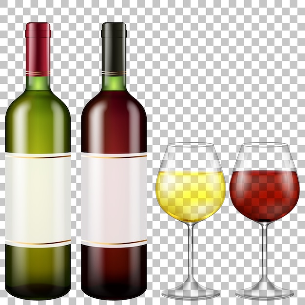 Vector bottles of red and white wine and glasses wine