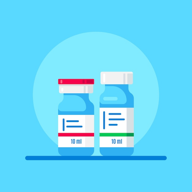 Vector bottles of vaccine on blue background. medical treatment, vaccine development and vaccination concept. flat style.