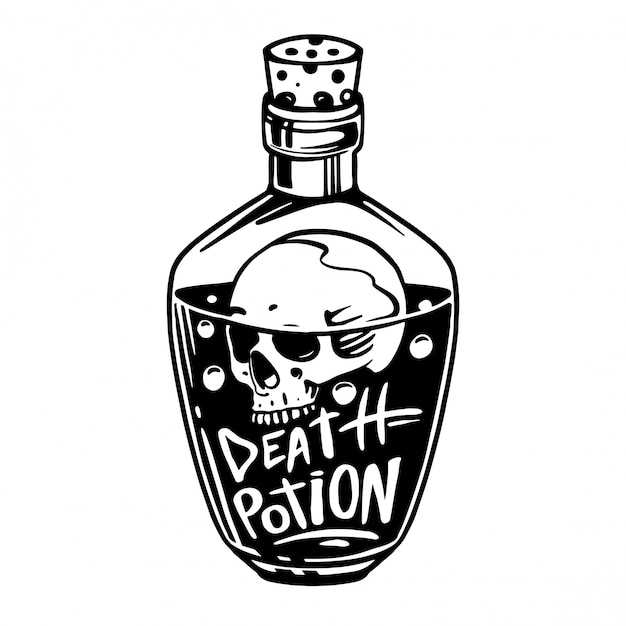 Bottles with potions. Poison and skull potion. Hand drawn illustration