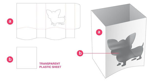 Bottom curved box and dog shaped window with transparent plastic sheet die cut template